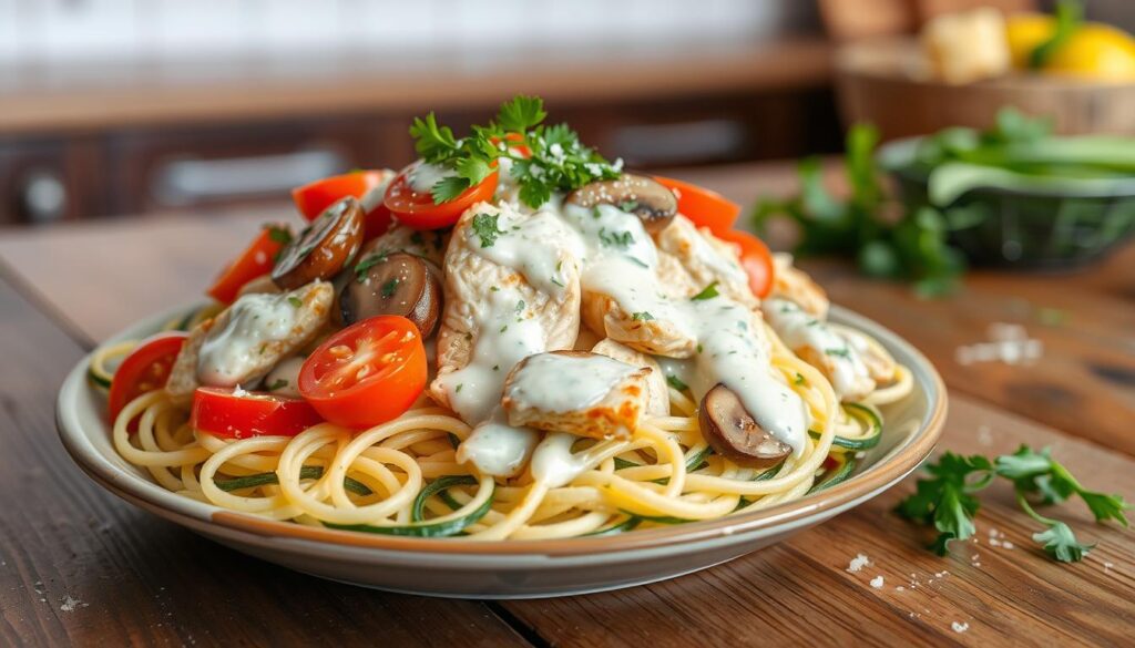 Chicken Alfredo Zoodles with Toppings