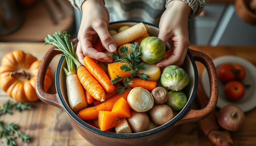 Layering ingredients for Winter Vegetable Pot Roast