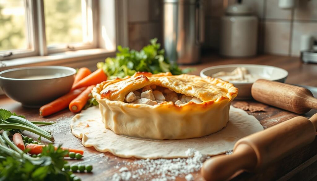 assembling chicken pot pie