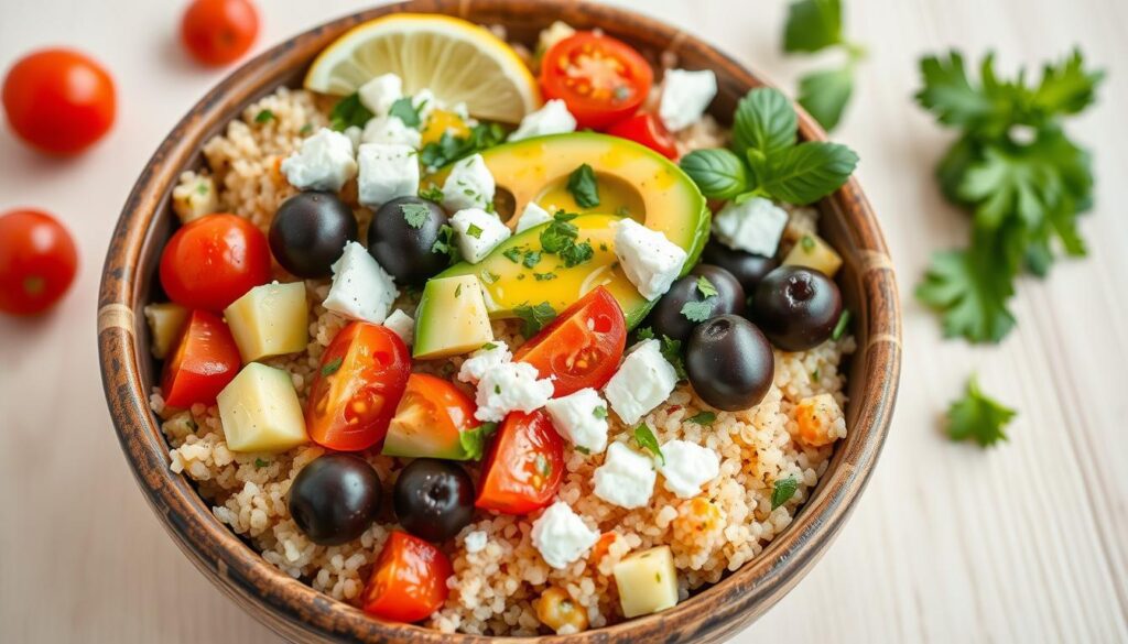 how to assemble Mediterranean grain bowl